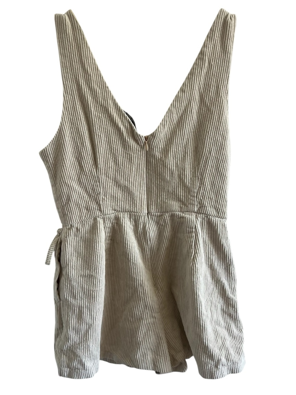 Lulu’s Corduroy Striped V-Neck Sleeveless Romper in Light Beige